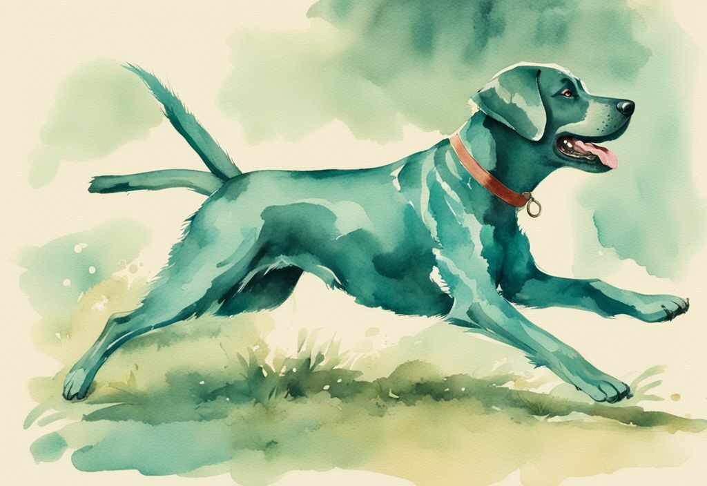 Vintage watercolor illustration of a teal-themed dog playing fetch, showing signs of discomfort or gagging.