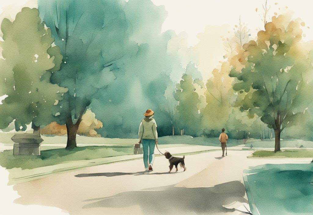 Vintage watercolor illustration of a pet owner walking their dog in a park with teal hues, featuring a pet waste bag, related to how to make a dog poop quickly.