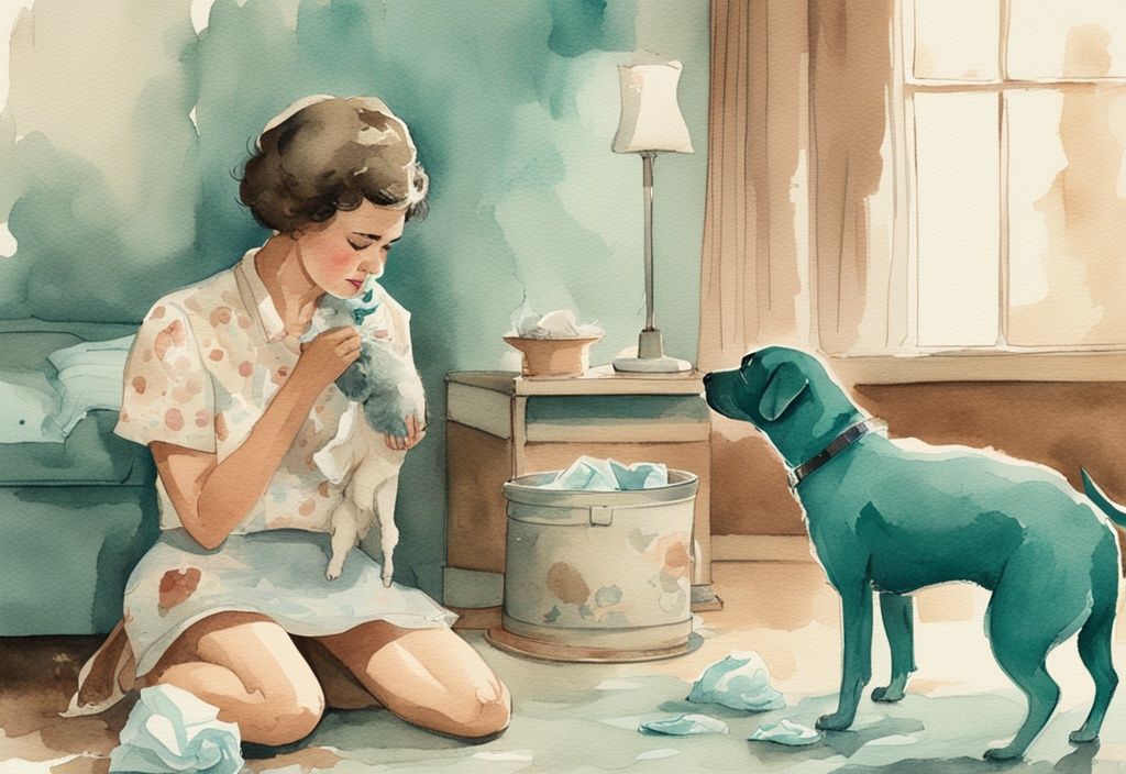 Vintage watercolor illustration of a worried owner watching her small dog sneeze, featuring teal hues, scattered tissues, and a dog toy.