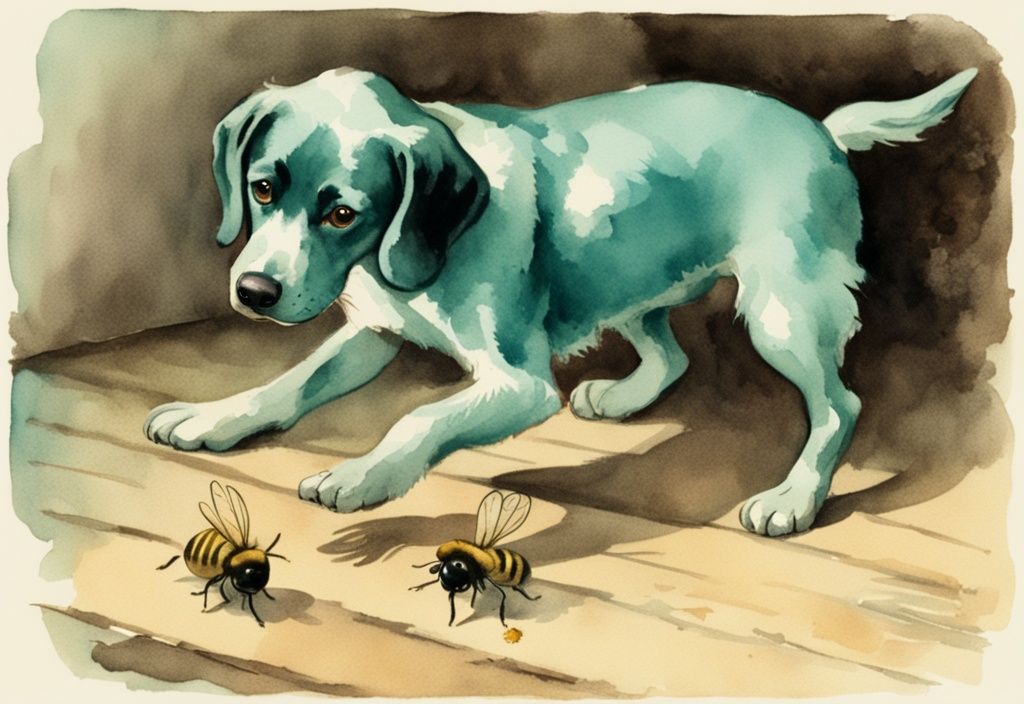 Vintage watercolor illustration of a curious dog with a surprised expression pawing at its swollen foot after stepping on a bee, teal color theme.