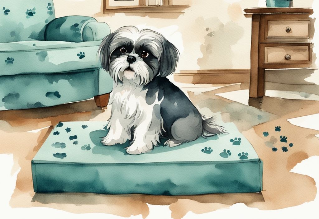 Vintage watercolor illustration of a disgruntled Shih Tzu chewing on furniture with scattered paw prints and dog hair, highlighting why Shih Tzu are the worst dog.