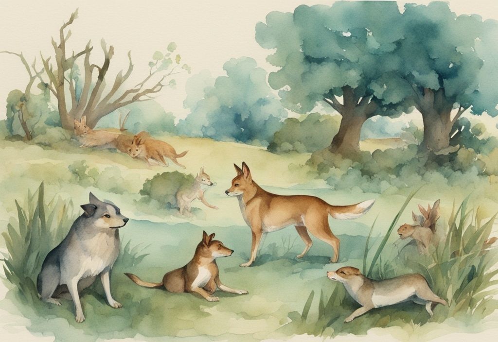 Vintage watercolor illustration of a teal-themed food chain, depicting grass, a rabbit, a dog, and a wild cat or wolf to illustrate what eats a dog.