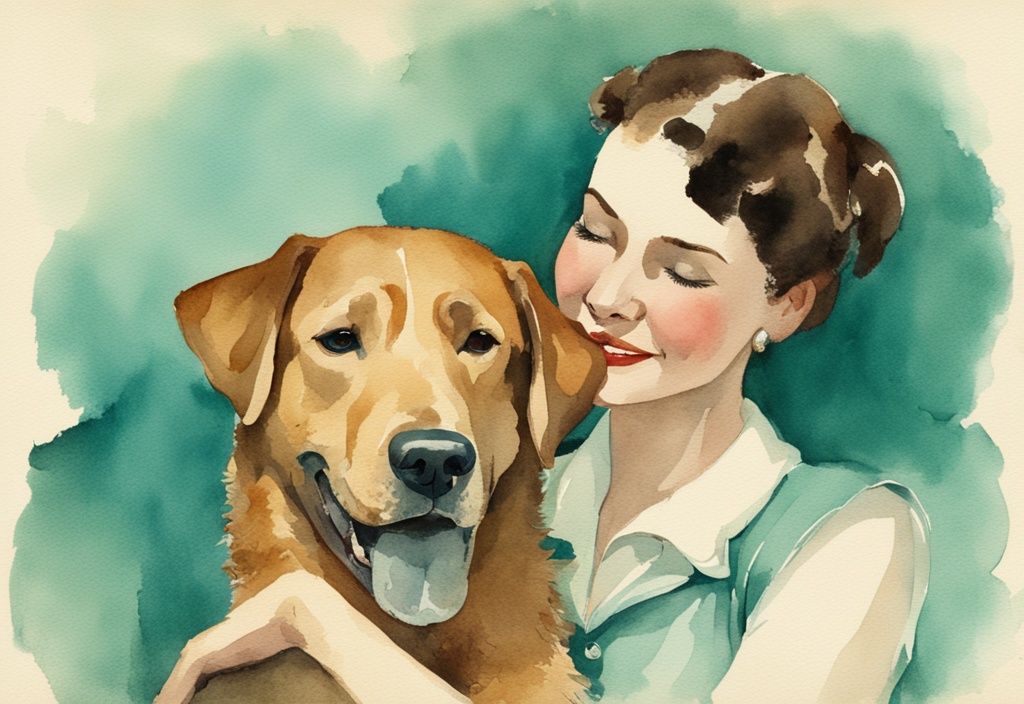 Vintage watercolor illustration of a teal-themed scene featuring a loyal dog cuddling with its owner, showcasing affection by licking the owner's face or curling up in their lap.