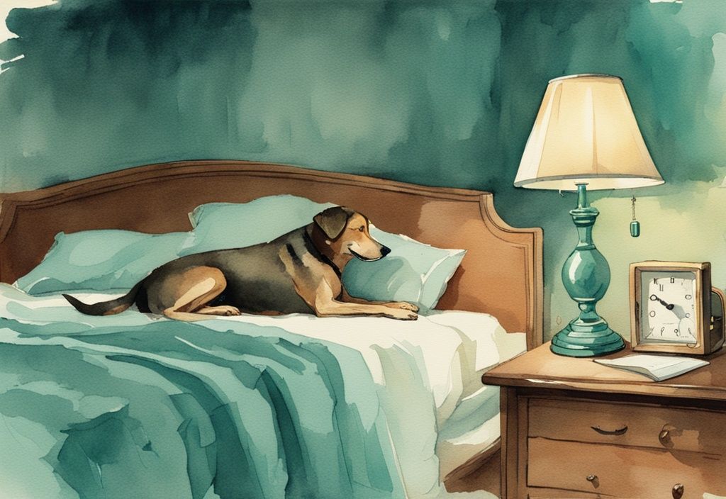 Vintage watercolor illustration of a teal-themed scene depicting a dog howling in his sleep with a concerned owner beside, under a nightstand lamp glow; keyword: why is my dog howling in his sleep.