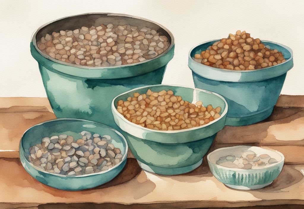 Vintage watercolor illustration of teal-themed dog food bowls labeled Ollie and Farmer's Dog, surrounded by wholesome ingredients for a comparative review.