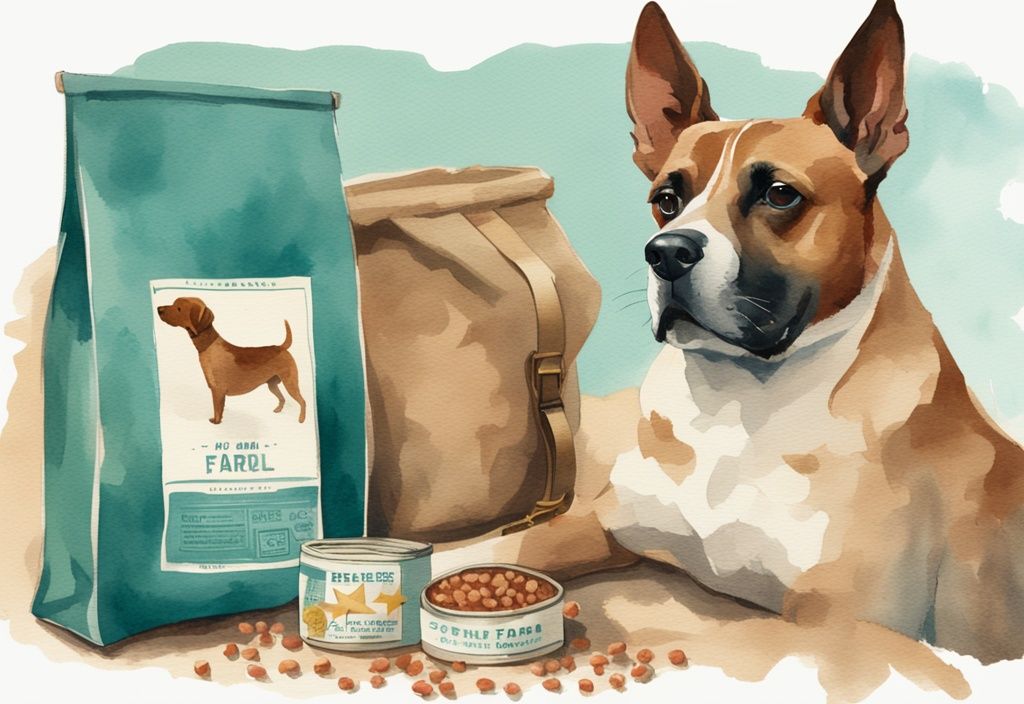 Vintage watercolor illustration of a happy dog next to an open bag of Open Farm dog food with a five-star review graphic, teal color theme.