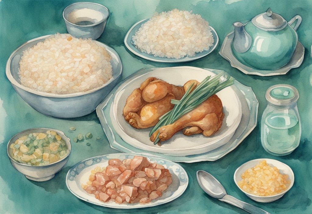 Vintage watercolor illustration of a balanced dog meal with teal theme, featuring chicken and rice portions for small, medium, and large dogs.