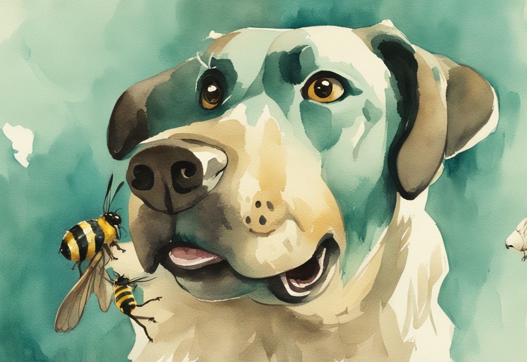 Vintage watercolor illustration of a teal-themed curious dog with swollen lips and puzzled expression after a bee encounter.