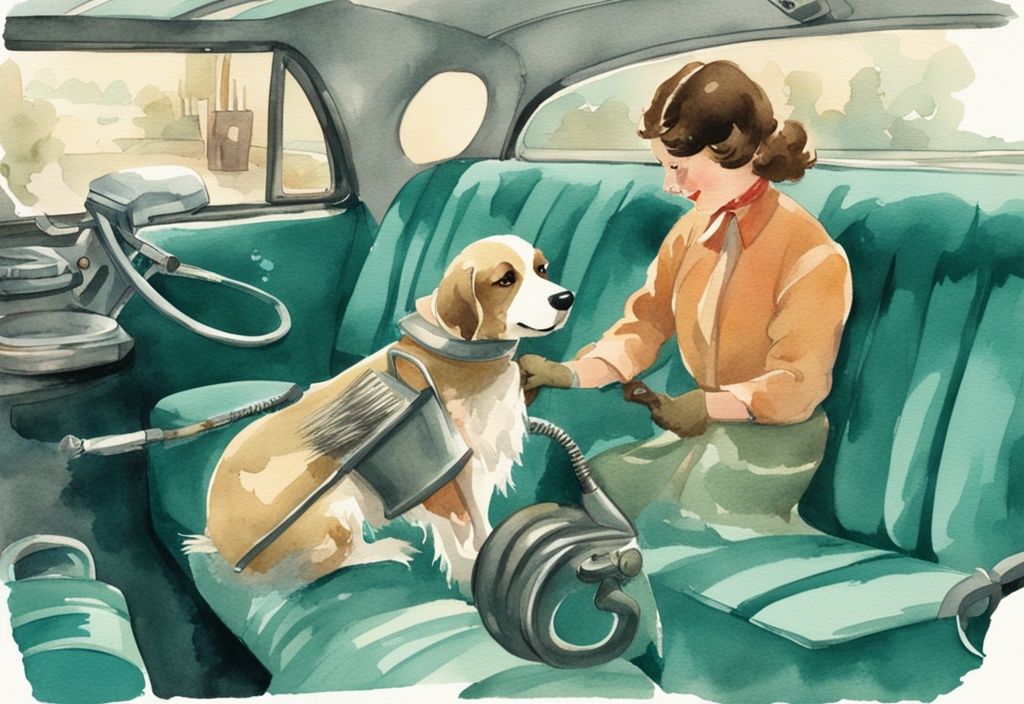 Vintage watercolor illustration of a teal-themed car interior being cleaned of dog hair with a vacuum and groomer brushes.