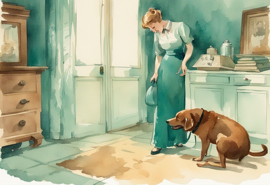 Vintage watercolor illustration of a concerned pet owner observing their distressed dog; the main color theme is teal, depicting the scenario where my dog is shaking and acting weird all of a sudden.