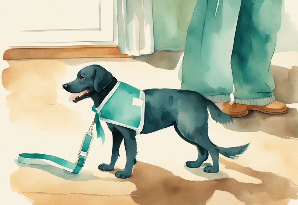 Vintage watercolor illustration of a happy dog with a bright bandage on its paw, symbolizing a recent parvo shot, preparing to go outside with its owner holding a leash, addressing the question of how long after parvo shot can dog go outside.