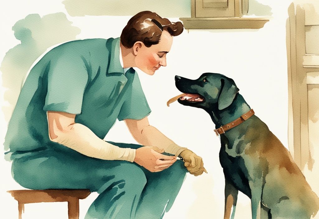 Vintage watercolor illustration of a distressed dog owner discussing repetitive biting behavior with a vet, featuring a teal color theme.