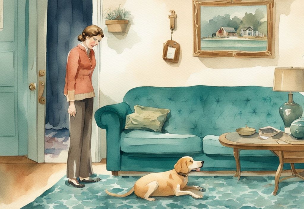 Vintage watercolor illustration of a teal-themed scene with a perplexed dog owner watching their dog scratch the living room carpet.