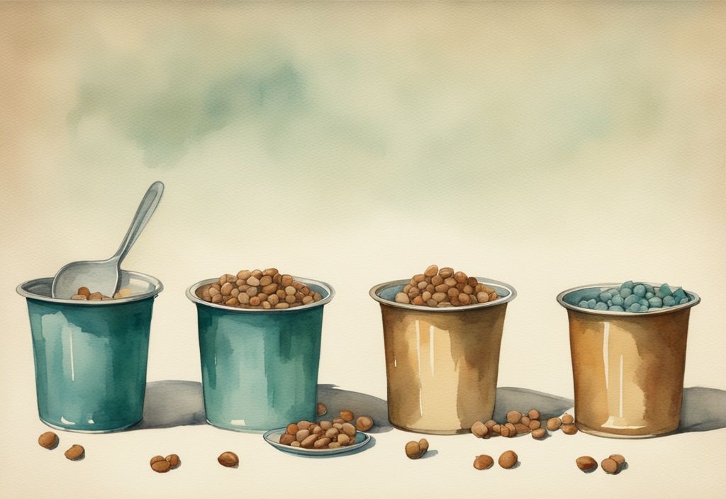 Vintage teal watercolor illustration comparing how many cups in a pound of dog food.