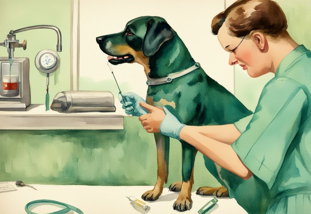 Vintage watercolor illustration of a dog receiving a Cytopoint injection from a vet, highlighted by a green checkmark to indicate safety, addressing the question: is Cytopoint for dogs safe.