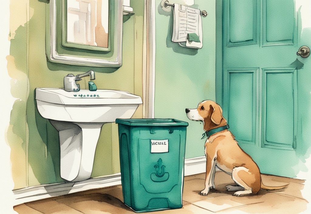 Vintage watercolor illustration of a curious dog sniffing an open bathroom trash bin with a discarded tampon, teal color theme.