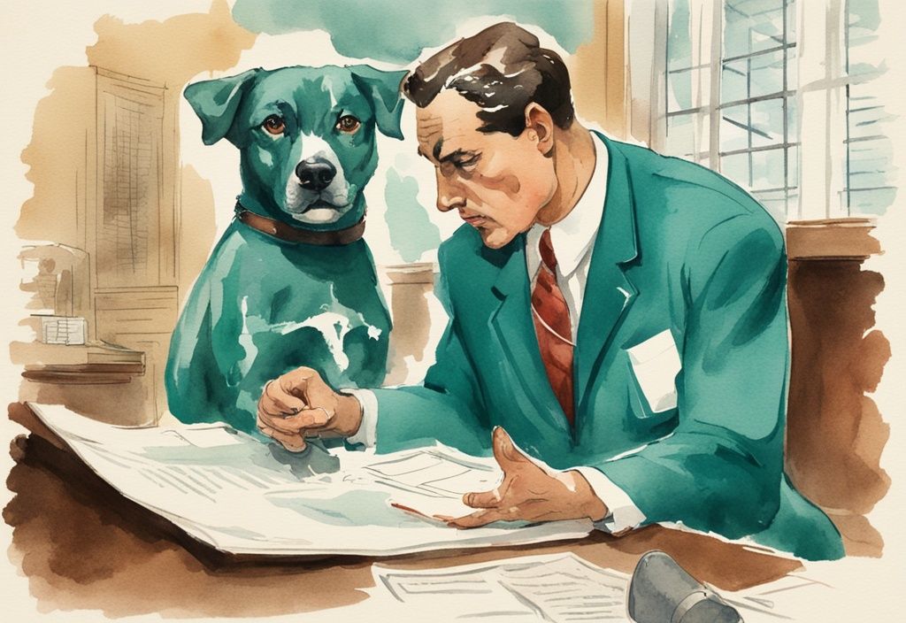 Vintage watercolor illustration of an upset dog owner talking to a lawyer, with a teal color theme, featuring a dog fight and legal documents in the background.