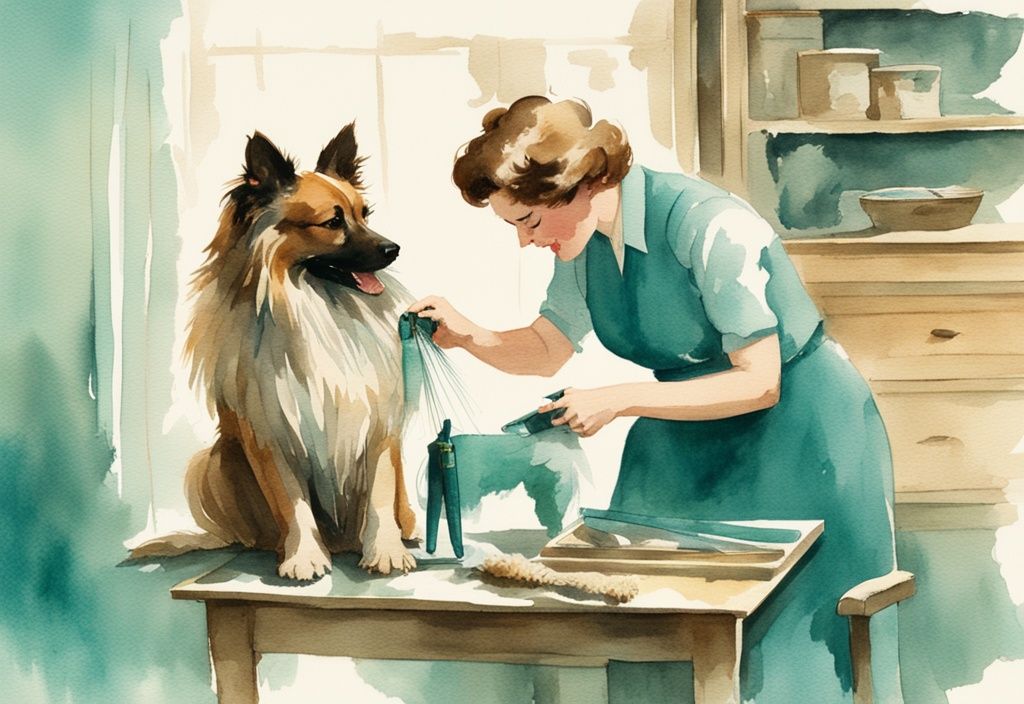 Vintage watercolor illustration of a dog owner using a deshedding tool on a fluffy dog, teal color theme, surrounded by loose fur tufts.