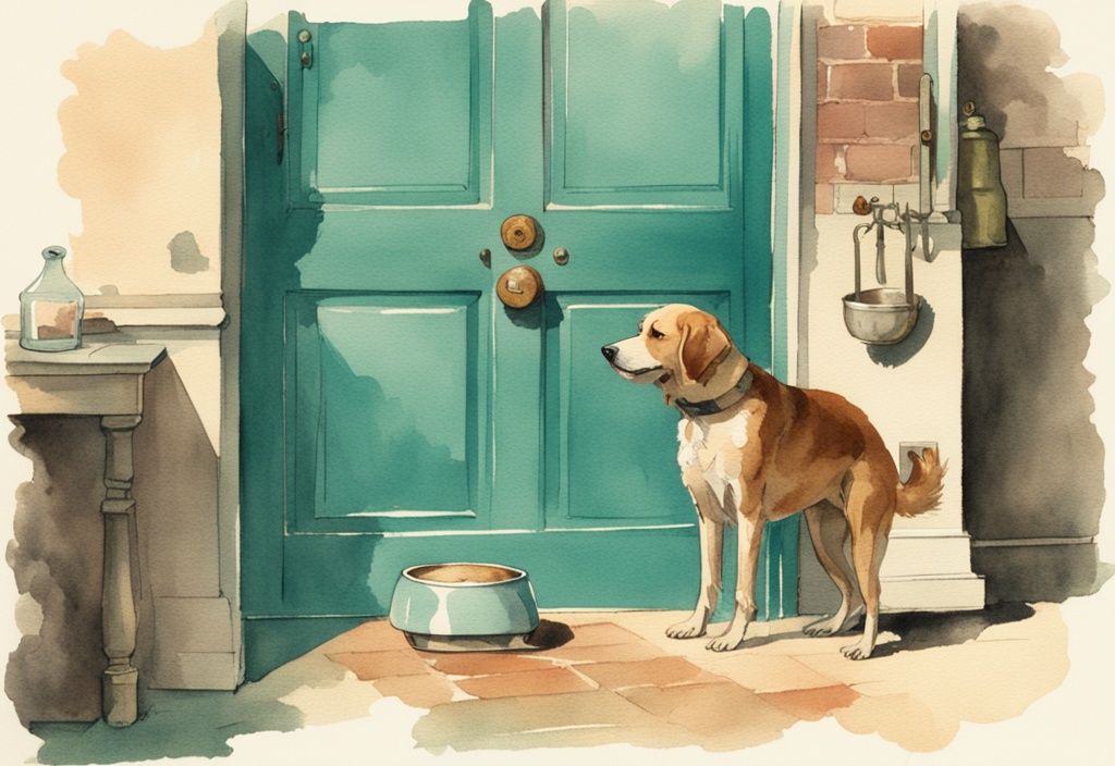 Vintage watercolor illustration of a concerned pet owner watching their dog exhibiting unusual behaviors like spinning, hiding, and refusing to eat, with a teal color theme.