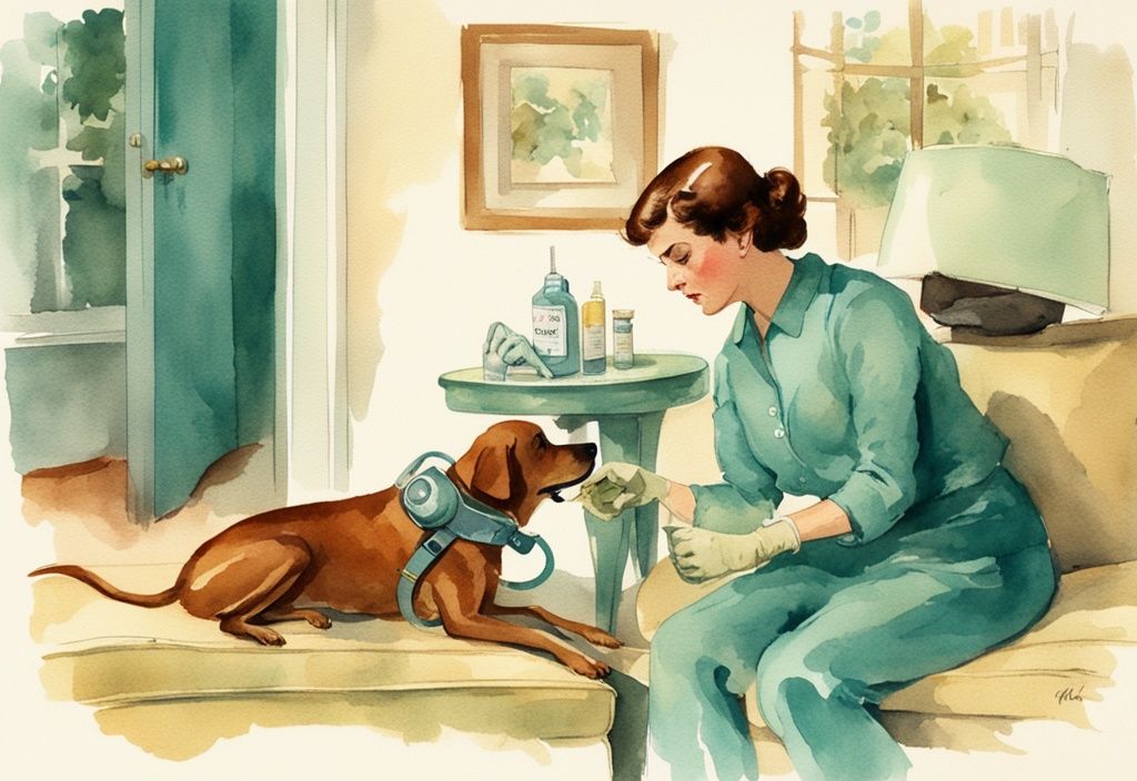 Vintage watercolor illustration of a concerned dog owner at home administering oxygen to their pet using a teal-themed oxygen mask.