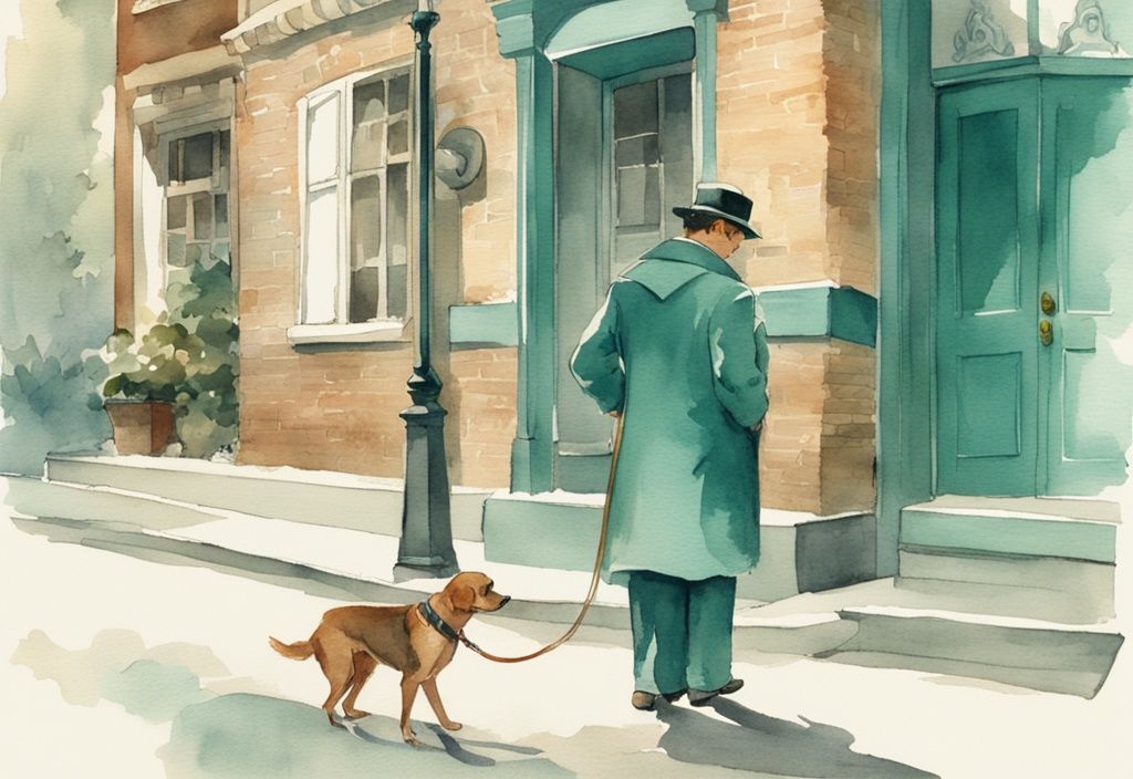 Vintage watercolor illustration of a responsible dog owner on a city sidewalk using a leash to curb a dog, with a teal color theme.