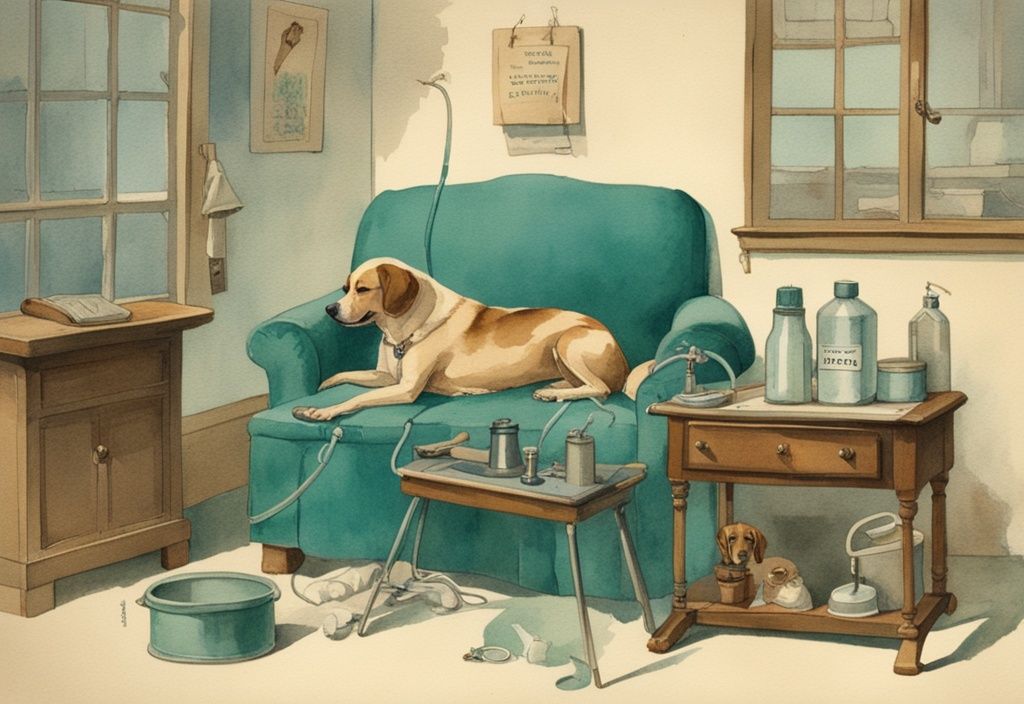 Vintage watercolor illustration of dog urethral prolapse home treatment in teal, featuring resting dog, recommended equipment, and hands demonstrating gentle care.