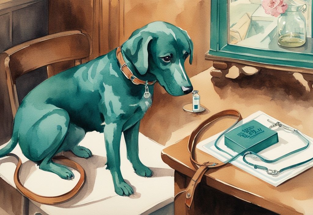 Vintage teal watercolor illustration of a grieving pet owner holding a collar and leash, with a Benadryl box on a table, symbolizing the difficult decision to euthanize a beloved dog.