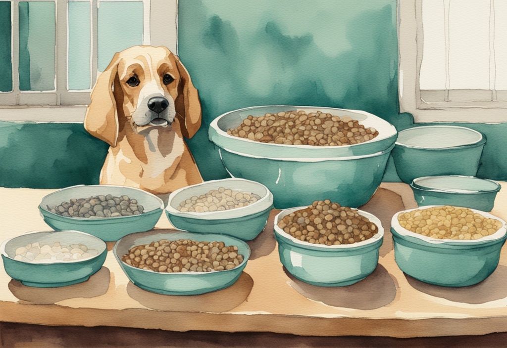 Vintage watercolor illustration of a choosy dog sniffing gourmet dry dog food bowls, highlighting what is the best tasting dry dog food for picky dogs with a teal color theme.