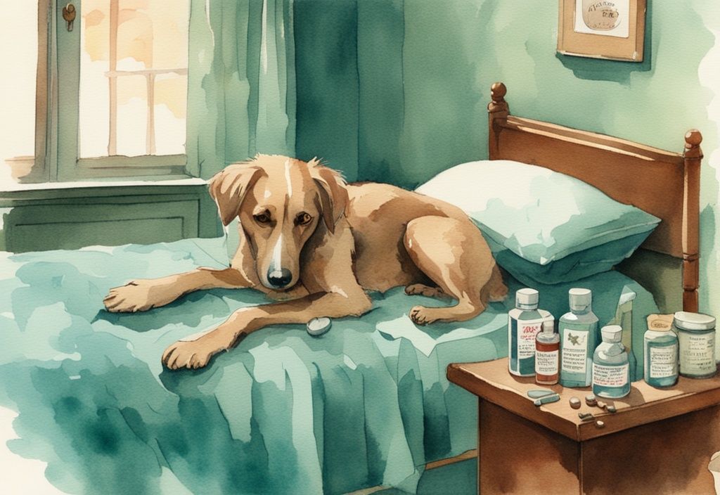 Vintage watercolor of elderly dog resting on bed with veterinarian and over-the-counter drugs, teal color theme