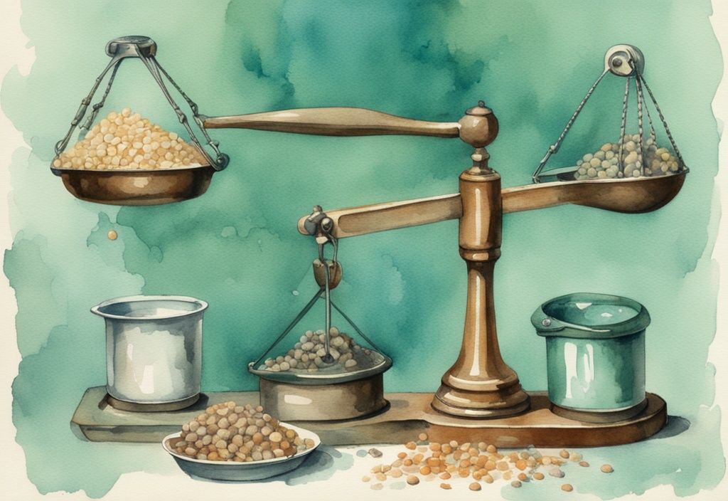 Vintage watercolor illustration of a teal-themed balanced scale with a pound weight on one side and measuring cups of dog food on the other.