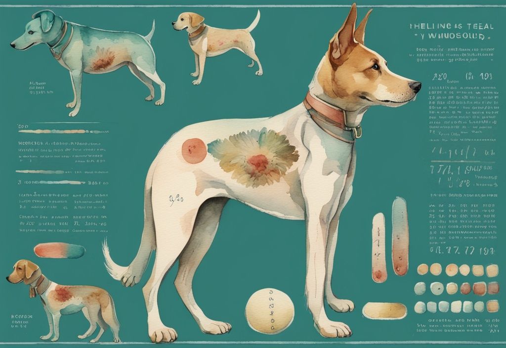 Vintage watercolor illustration of a dog with numbered, color-coded wounds depicting different dog wound healing stages, featuring a teal color theme.