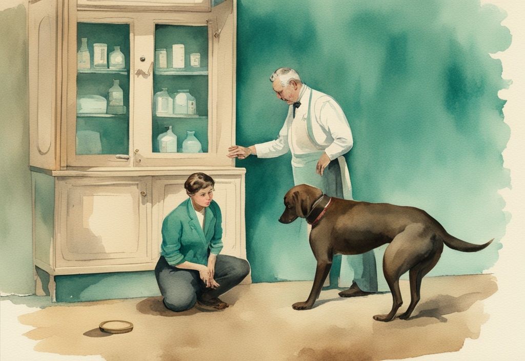 Vintage watercolor illustration of a worried owner observing a dog with intestinal blockage, featuring teal color theme and iconographic overlay.