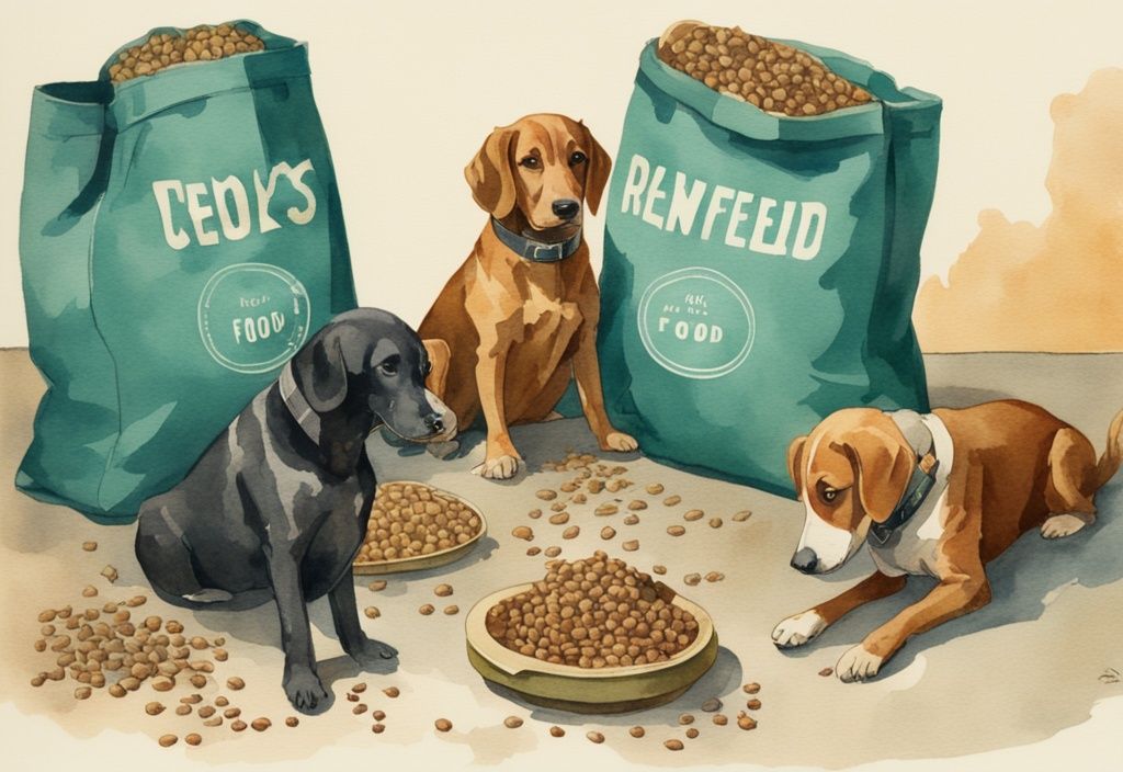 Vintage watercolor illustration of teal-themed high-rated dry dog food bags with picky dogs inspecting them.