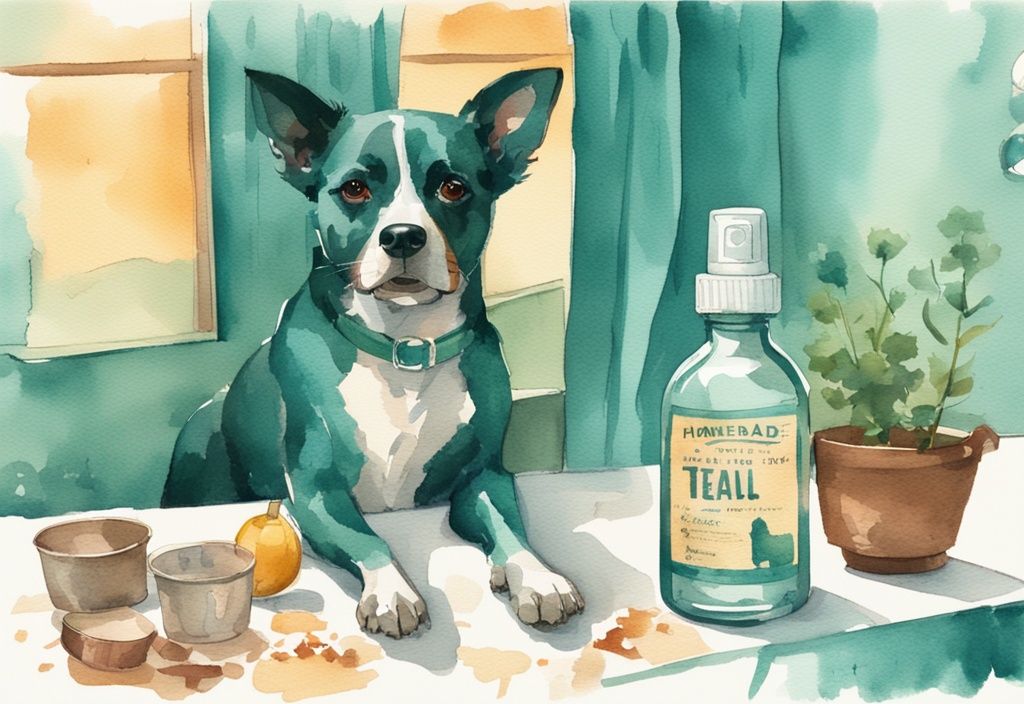 Vintage watercolor illustration featuring a table setup with a bottle of homemade dog anti-itch spray, surrounded by fresh natural ingredients, and a dog looking expectantly in the background.