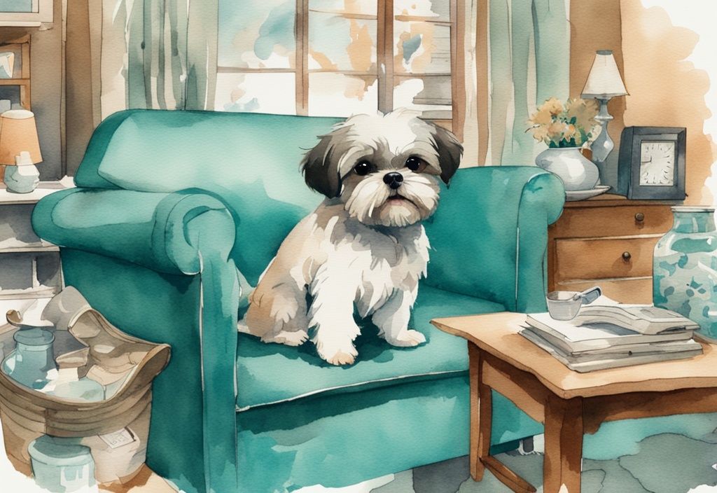 Vintage watercolor illustration of a messy living room with a mischievous Shih Tzu puppy, teal color theme