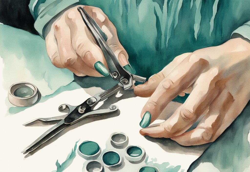 Vintage watercolor illustration of hands trimming a black dog's nails with a teal-themed pet nail clipper.