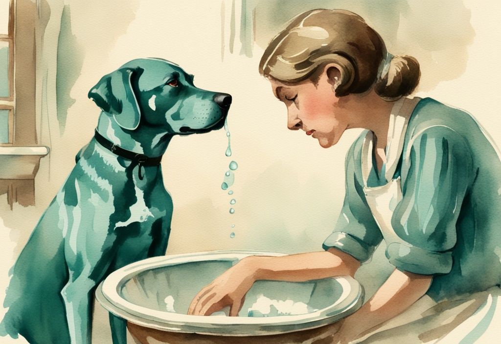 Vintage watercolor illustration of a worried dog owner observing their dog salivating and retching after drinking water, depicting the question "why does my dog throw up after drinking water" in a teal color theme.