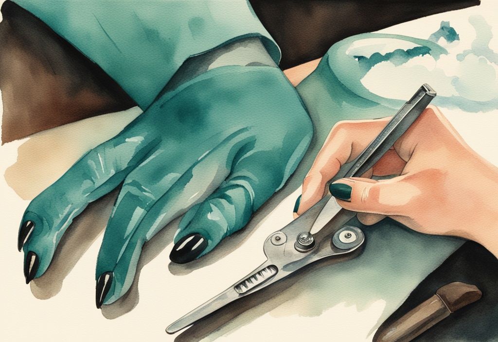 Vintage watercolor illustration of how to cut dog nails that are black, featuring a dark-colored dog's paw with black nails being trimmed by specialized pet nail clippers held by a person's hand, with a teal color theme.