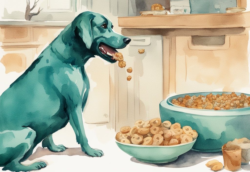 Vintage watercolor illustration of a confused dog next to a full bowl of food, eagerly reaching for a treat in a person's hand, with a teal color theme.