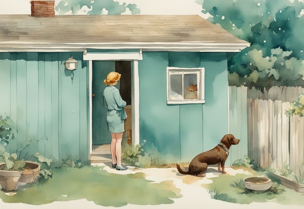 Vintage watercolor illustration of a worried owner watching their dog frequently pooping in the backyard, addressing the question "why is my dog pooping so much".