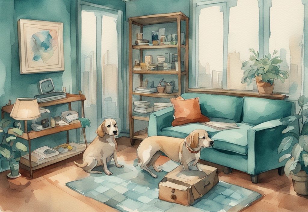 Vintage watercolor illustration of a teal-themed city apartment with a cozy dog corner, organized toys, and a content small dog on a doggy sofa.