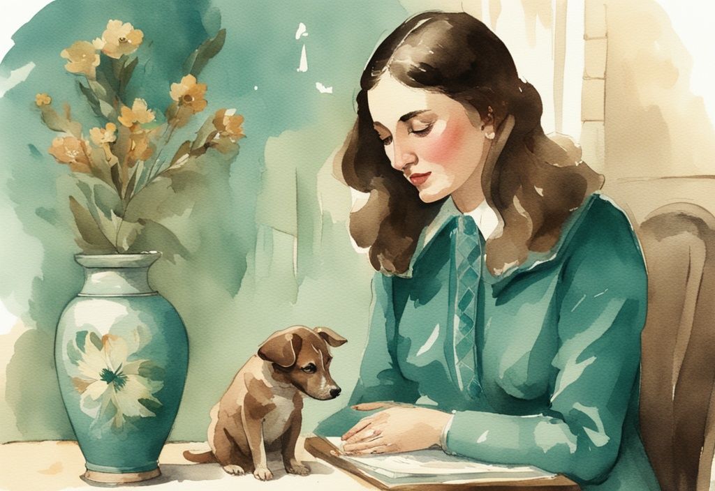 Vintage watercolor illustration of a pet owner cradling a small urn, tearfully reviewing a brochure on how much does it cost to cremate a dog, with a teal color theme.