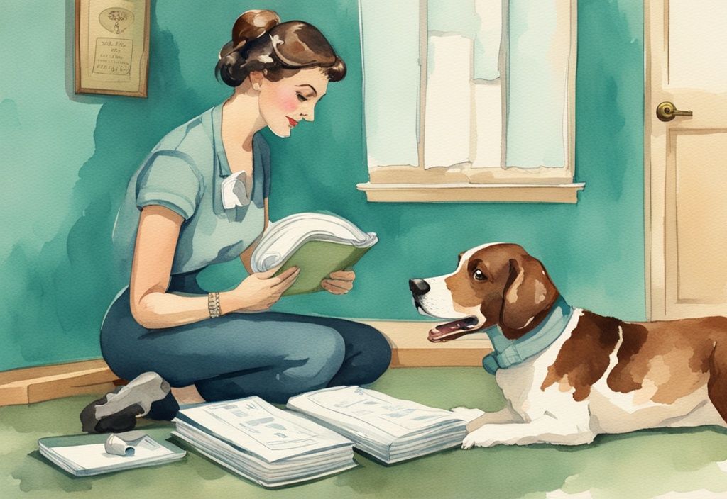 Vintage watercolor illustration of a concerned pet owner consulting a veterinary book, with a playful dog tugging toilet paper, teal color theme.