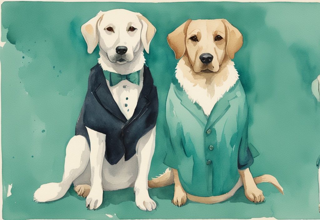 Vintage watercolor illustration of male and female dogs in teal theme, showing what are male and female dogs called with gender labels.