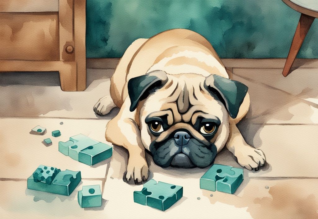 Vintage watercolor illustration of a perplexed pug scratching its head at a teal-themed dog puzzle toy.