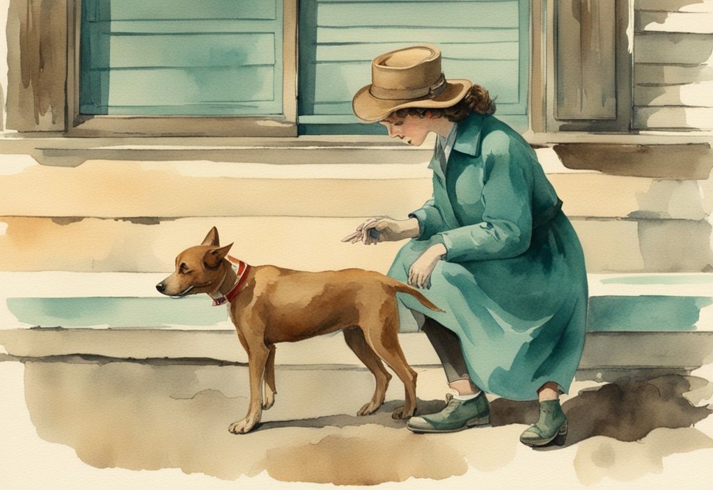 Vintage watercolor illustration of a calendar marking the waiting period before a stray dog is legally yours in Texas, featuring a person interacting with a stray dog against a Texas-themed backdrop, with a teal color scheme.