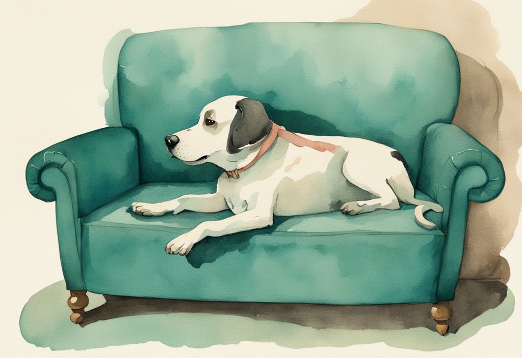 Vintage watercolor illustration of a teal-themed curious dog licking a couch with a thought bubble above its head.