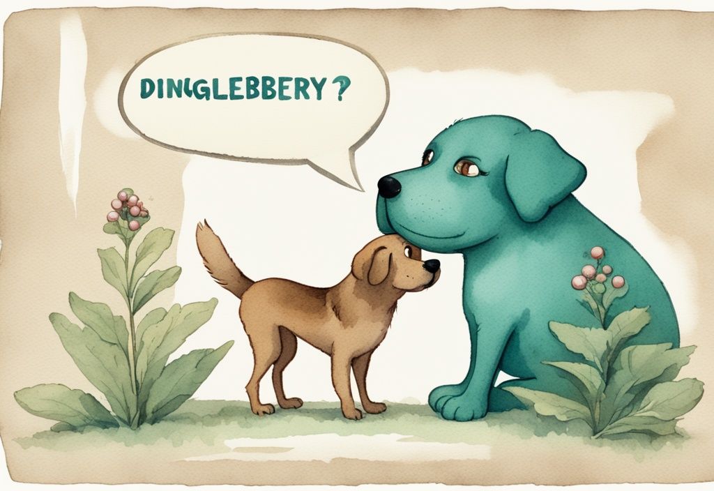 Vintage watercolor cartoon of a teal-themed dog with a dingleberry, illustrating what is a dingleberry on a dog through an arrow and text bubble.