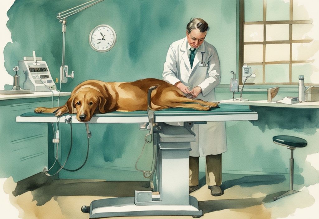 Vintage watercolor illustration of a teal-themed vet clinic with a dog undergoing Femoral Head Ostectomy on a surgery table.