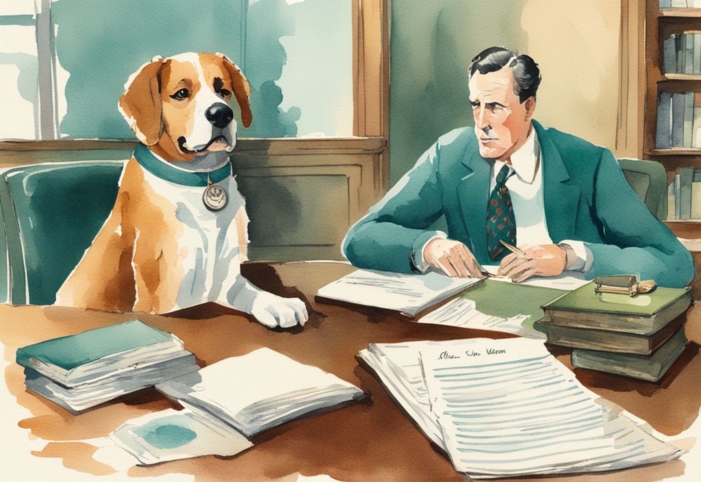 Vintage watercolor illustration depicting a worried dog owner consulting a lawyer about a dog attack incident, with law books and a "Pet Owners' Rights" document; keyword: my dog was attacked by another dog what are my rights.